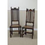 Two 17th Century oak Side Chairs with shaped tops, rail backs, solid seats on turned and square