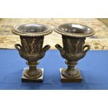 A pair of cast bronze two handled Urns with relief fruiting vine, acanthus leaf and classical figure