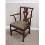 A Country Chippendale oak Elbow Chair with shaped top rail, pierced splat, shepherd's crook arms,