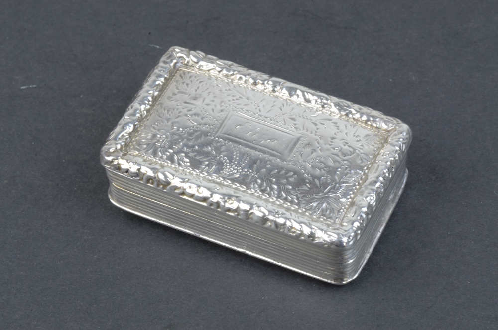 A William IV silver Vinaigrette engraved leafage and "Eliza", floral and scroll pierced grille,