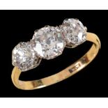 A Diamond three stone Ring claw-set graduated old-cut stones, estimated total diamond weight 2.50