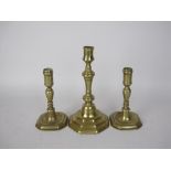 A pair of 18th Century brass Candlesticks with baluster columns on chamfered square bases, 6 1/2