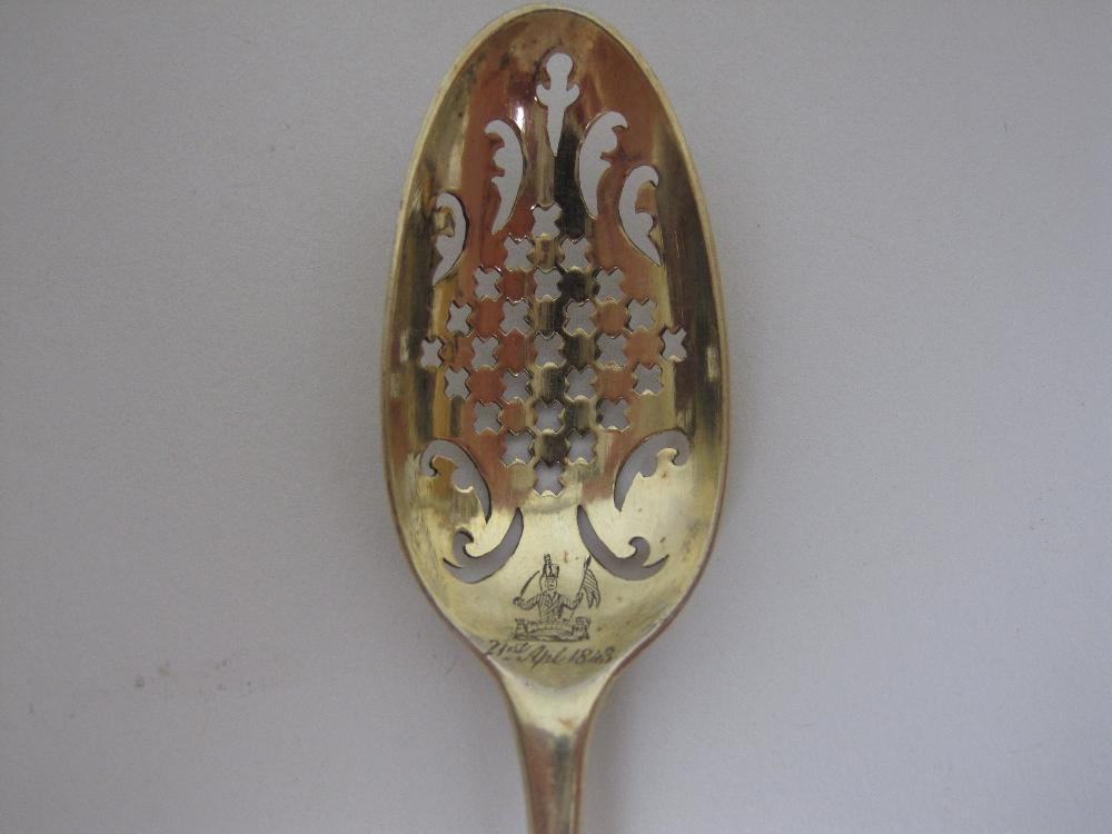 An 18th Century silver-gilt Mote Spoon with saltire cross and scroll piercing, engraved crest and - Image 4 of 5