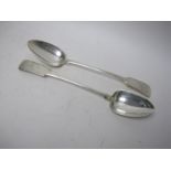 A pair of George III silver Basting Spoons fiddle pattern engraved cockerel crest, Exeter 1815