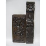 A 16th Century carved oak Panel depicting a Queen wearing crown with child, 15in, and a carved oak