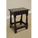 A 17th Century oak Joint Stool with moulded rectangular top on turned and square legs united by