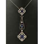 A Sapphire, Diamond and Enamel Necklace millegrain-set row of three oval-cut sapphires within spaced