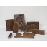 A Collection of ten 19th Century carved wood Plaster Moulds in various woods and some stamped I.C.