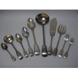 A matched set of Victorian silver Cutlery, fiddle and thread pattern engraved initials E.W.,