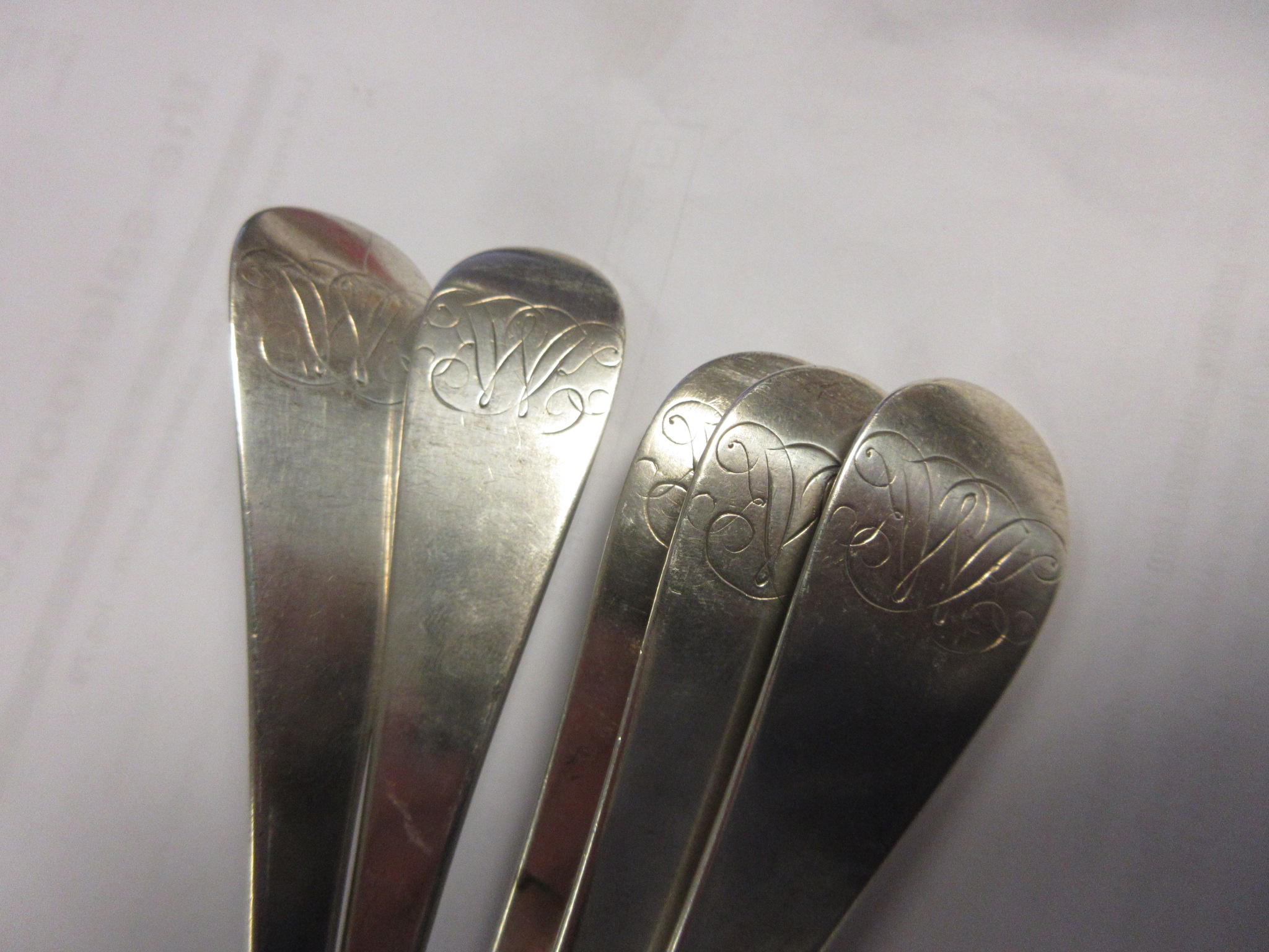 Five George II Scottish silver Table Spoons Hanoverian pattern, engraved initials, Edinburgh 1743, - Image 4 of 4