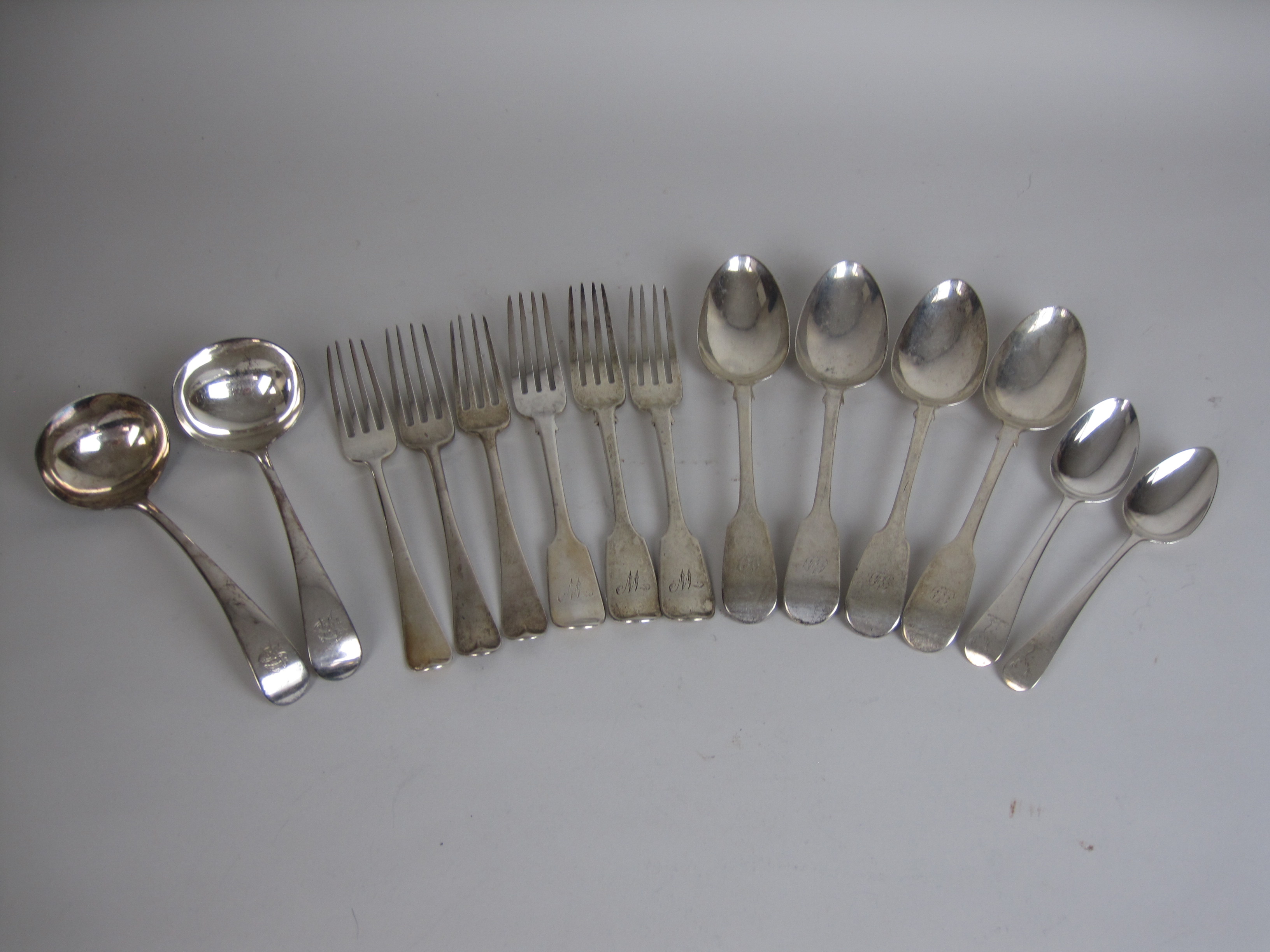 A quantity of 19th Century silver Cutlery, viz:4 fiddle pattern Table Spoons, London 1836/383 fiddle - Image 2 of 3