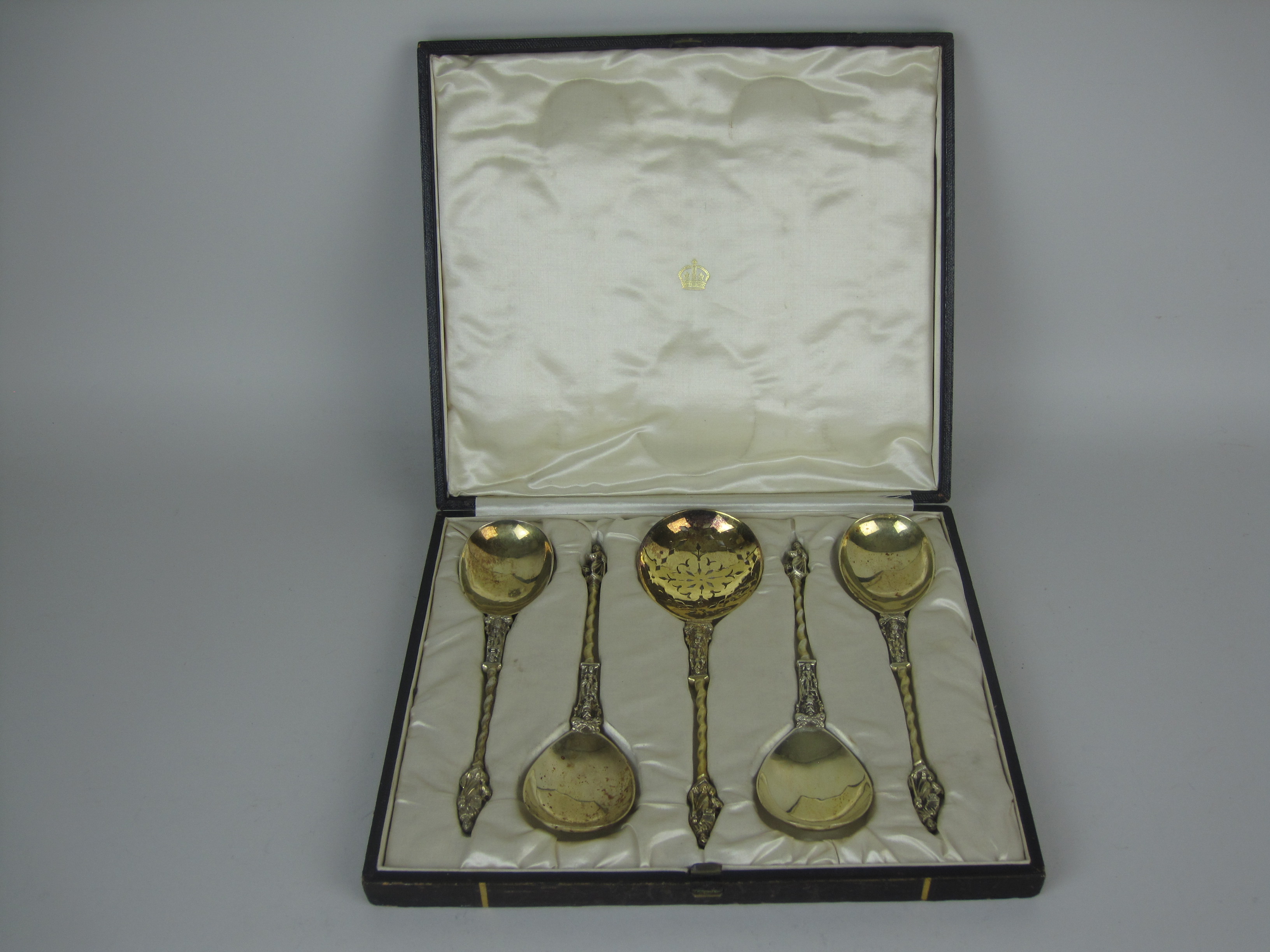 Four Victorian silver-gilt apostle handled Serving Spoons with spiral stems, London 1887/8 and a - Image 3 of 3