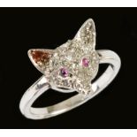 A Diamond Fox mask Ring pavé-set brilliant-cut diamonds and ruby cabochon eyes in white gold stamped