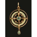 An Edwardian Aquamarine and mother of pearl circular openwork Pendant, stamped 9ct