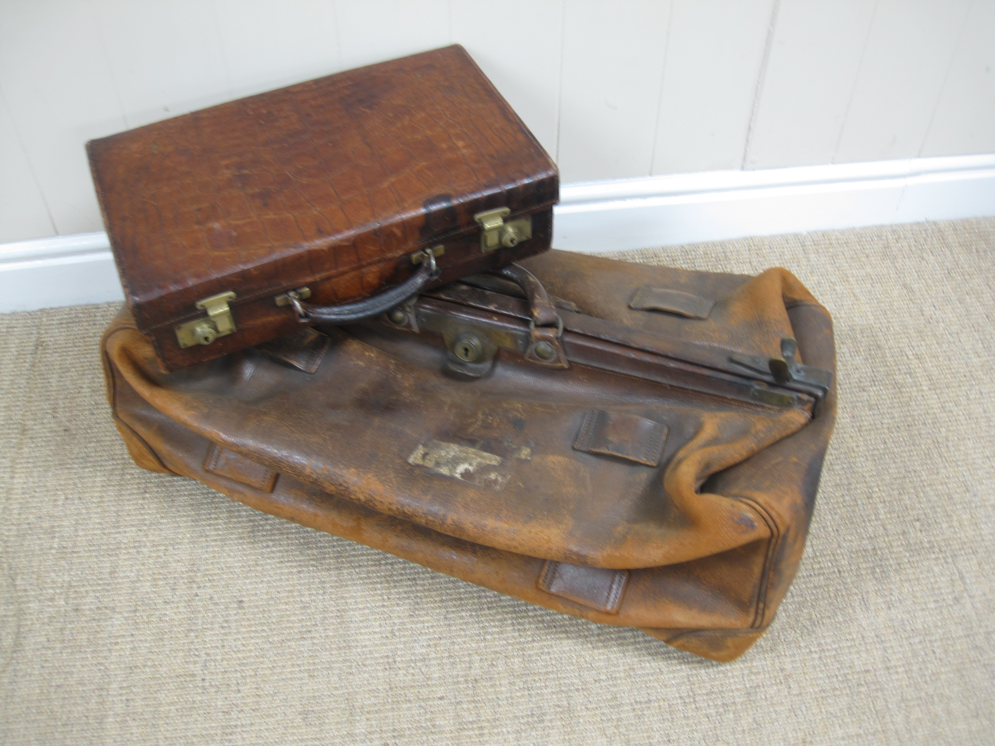 A crocodile skin small Suitcase, 16 x 10in, and a large leather Gladstone Bag, by Finnegans, London