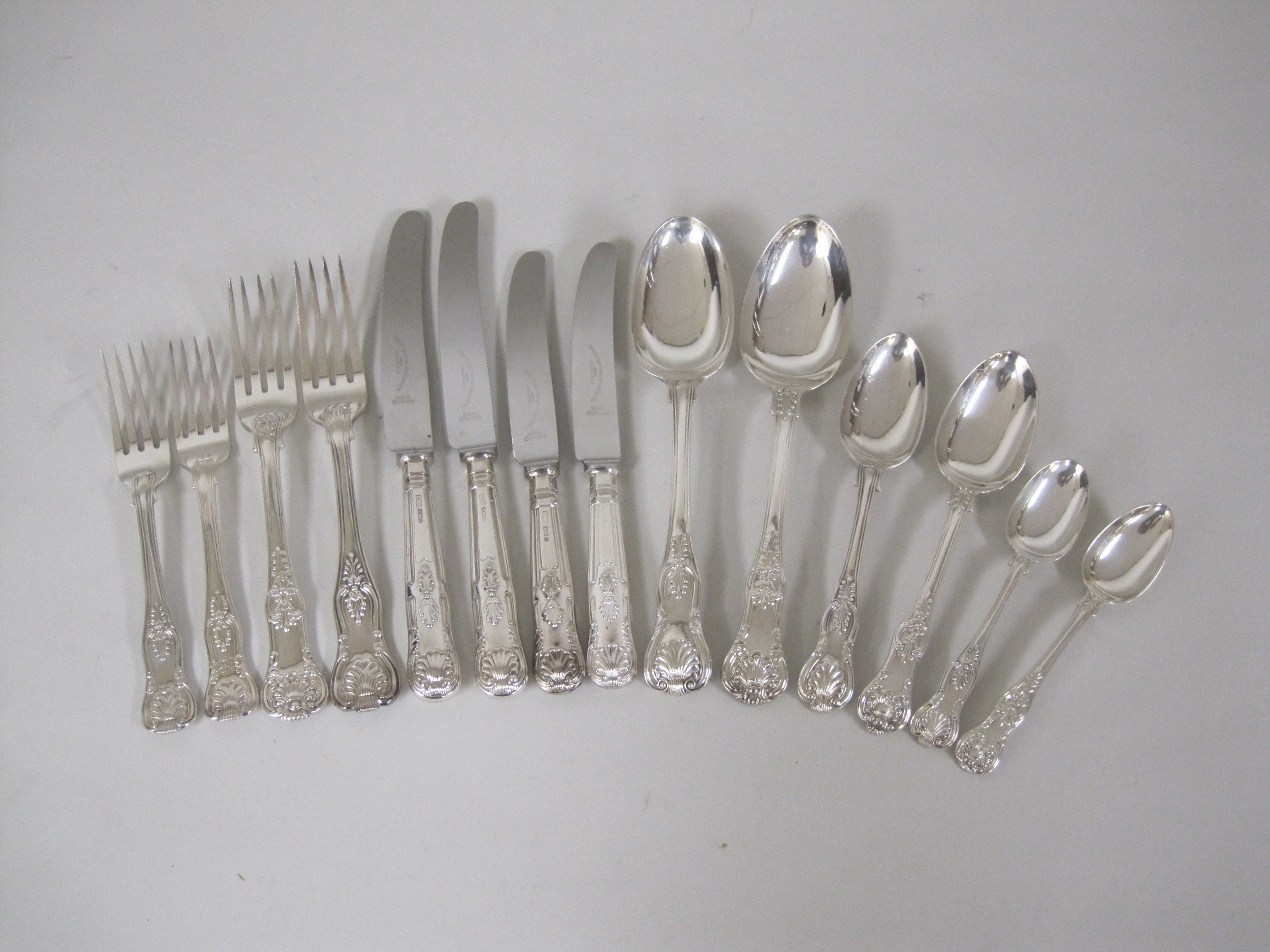 A matched Set of mostly 19th Century silver Cutlery, kings pattern for eight,Viz: Table, Dessert and