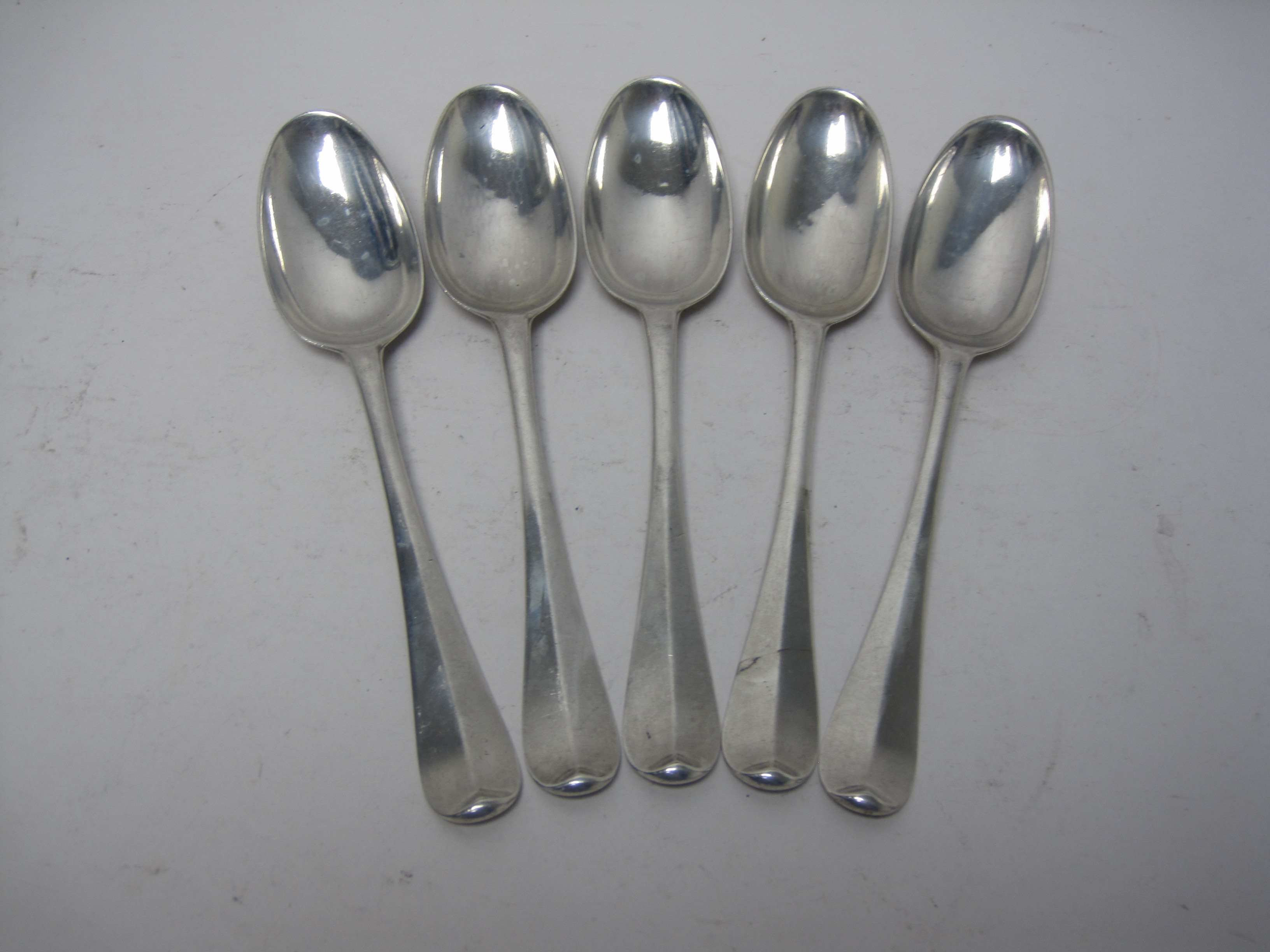 Five George II Scottish silver Table Spoons Hanoverian pattern, engraved initials, Edinburgh 1743,