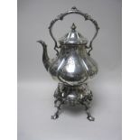 A Victorian EP Spirit Kettle on Stand with floral and leafage scroll engraving, vacant cartouche,