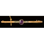 An Amethyst and Diamond Bar Brooch millegrain-set oval-cut amethyst between rows of rose-cut