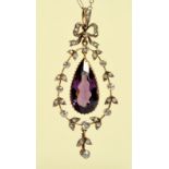 An Amethyst and Diamond Necklace, the claw-set pear-cut amethyst suspended within leafage frame with