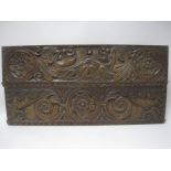 Two 17th Century oak Friezes carved masks, rosettes and scrolls, 28in x 7in