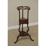 A George III mahogany Wig Powdering Stand fitted single drawer on scroll supports and tripod base