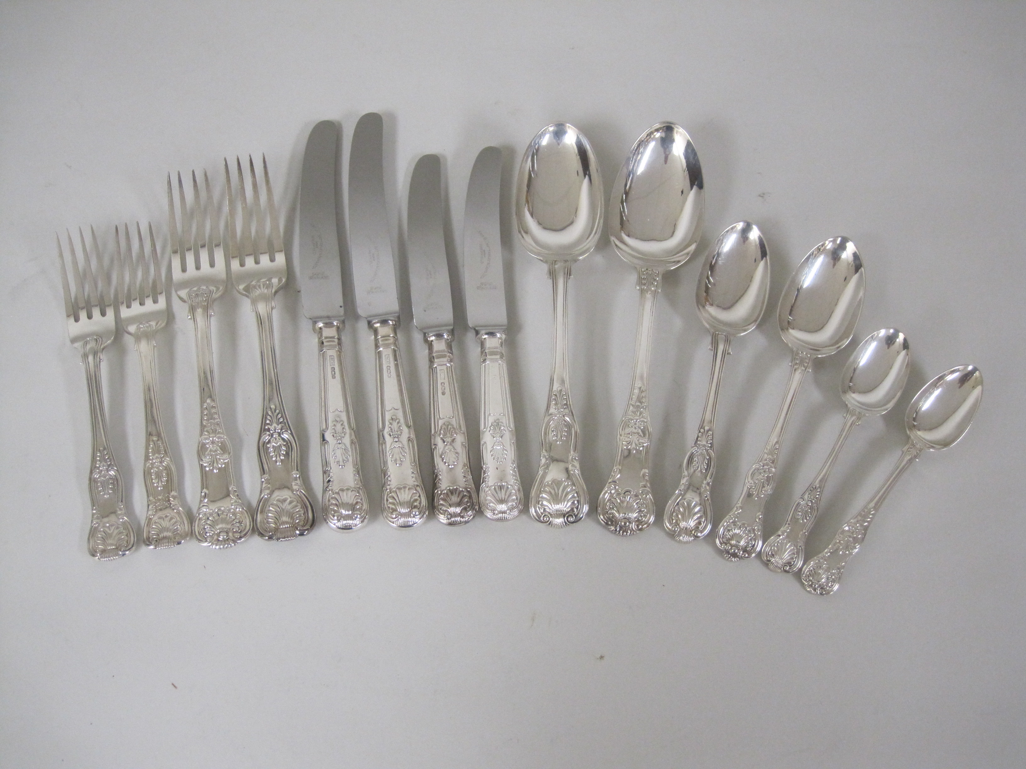 A matched Set of mostly 19th Century silver Cutlery, kings pattern for eight,Viz: Table, Dessert and - Image 2 of 3