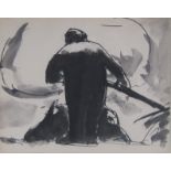 ‡JOSEF HERMAN (1911-2000)A Man with a scythepencil, pen and indian ink wash8 x 9 1/2 inDateable to