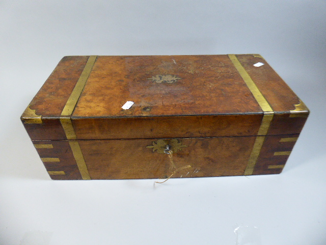 A 19th Century Brass Mounted Burr Walnut Writing Slope with Fitted Interior and Secret Compartment,