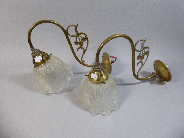 A Pair of Victorian Styled Brass Wall Lights with Glass Shades