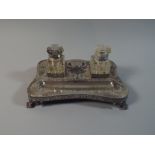A Silver Plated Desktop Inkstand and Pen Rest with Two Glass Bottles,