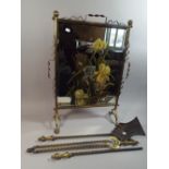 A Victorian Brass Framed Mirrored Fire Screen with Painted Floral Decoration together with Three