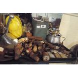 A Tray of Curios to include Cigarette Lighters, Wine Saver Corks, Pipes, Shaving Brushes,