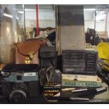 A Tray of Curios to Include Vintage Cameras, Rolls Razors,