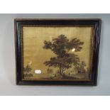 A 19th Century Framed Embroidery Depicting Figures Fishing under Tree,