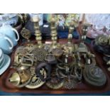 A Collection of Horse Brasses, Brass Candlesticks, Brass Buckles,