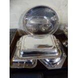 Three Silver Plated Entree Dishes and A Gallery Tray