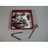 A Small Box Containing Curios to Include Celtic Letter Opener, Military Badges and Buttons,