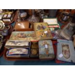 A Tray Containing Various Decorated Tins, Two Musical Boxes, Travelling Ink Well, Two Harmonicas,