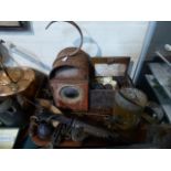 A Tray Containing Vintage Road Lamp, Various Tools, Oil Canister, Vintage Padlocks,