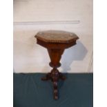 A Victorian Walnut Octagonal Top Ladies Work Table with Hinged Lid Having Checkerboard Inlay to