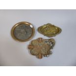 An Interesting Circular Brass and Lead Study of Queen at River together with A Pressed Brass Bowl