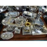 A Tray of Silver Plate to Include Ink Stand Decanter Labels, Corkscrew, Photo Frames,