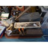 A Tray of Sundries to Include Military Box, Engineering Tools, Door Handles,