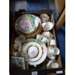 A Box of Ceramics to Include Coffee Cans and Saucers, Decorated Plates,