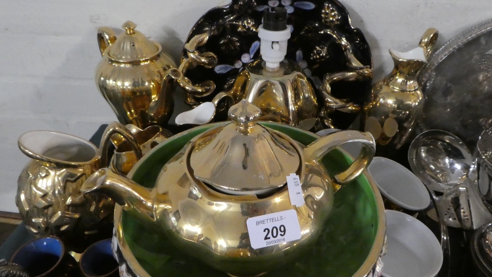 A Tray of Gilt Ceramics to Include Royal Winton Teapot, Fruit Bowl on Stand, Coffee Pot, Two Jugs,