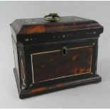 An Early 20th Century Tortoiseshell and Ebony Tea Caddy with Ivory Inlay (Some Losses to Inlay and