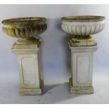 A Pair of Reconstituted Stone Campana Urns on a Rectagular Plinth Base,