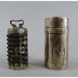 A 19th Century Continental Nutmeg Grater. In Etched Cylindrical White Metal Case.