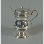 A Lidded Silver Mustard in the Form of a Tankard, with Original Blue Glass Liner.